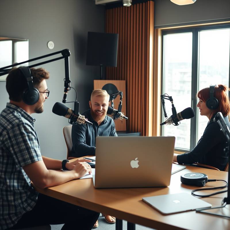 Equipe da PodcastEdu trabalhando em um estúdio de gravação